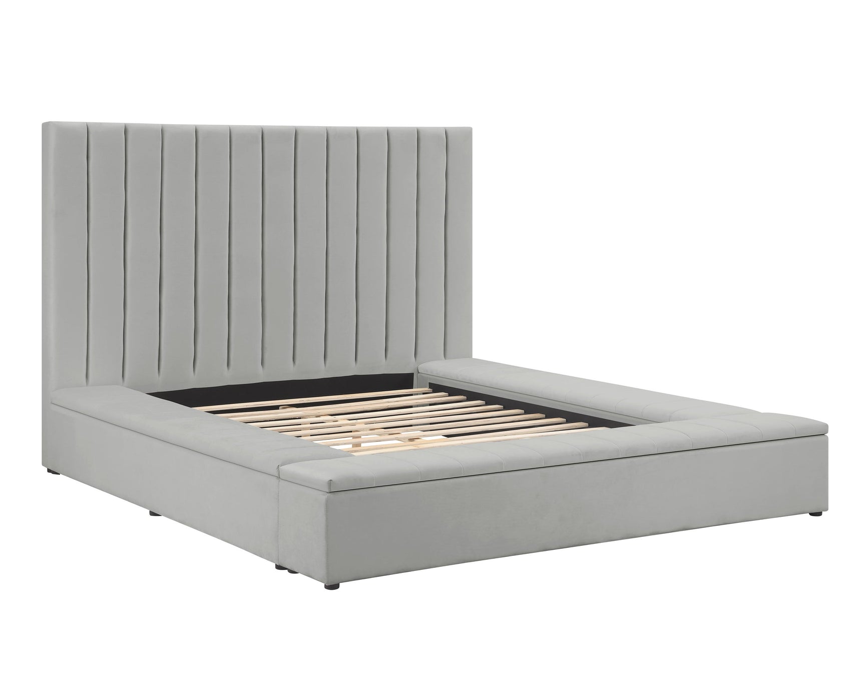 France Gray Velvet Upholstered Storage Platform King Bed close-up detail