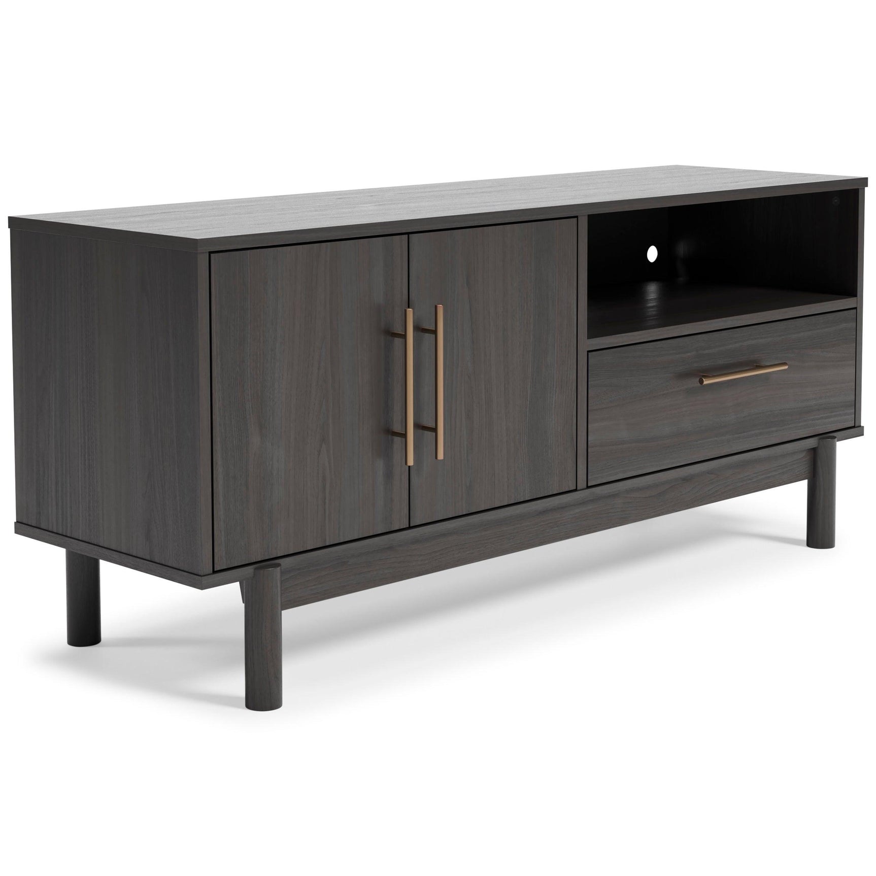 Brymont mocha gray solid wood TV stand side angle showing storage cabinet