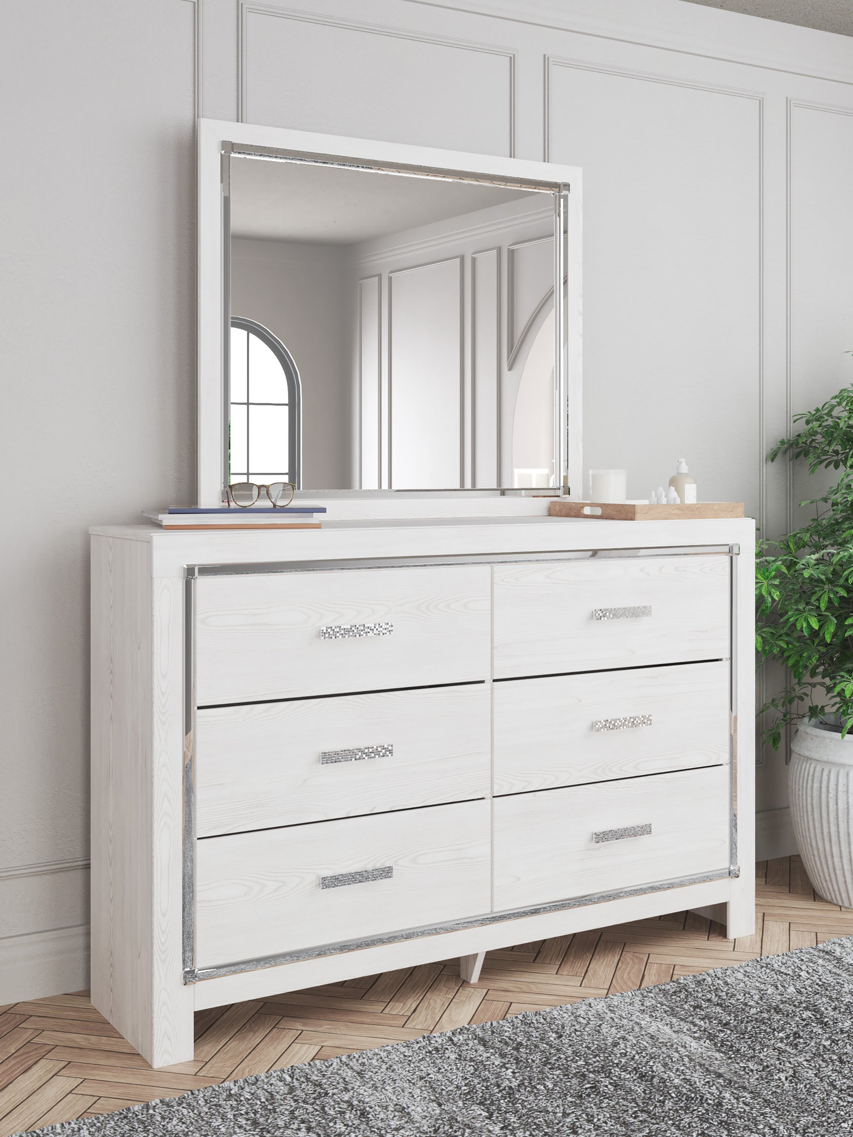 Bedroom view of Tula White LED Upholstered Panel Bedroom Set bed