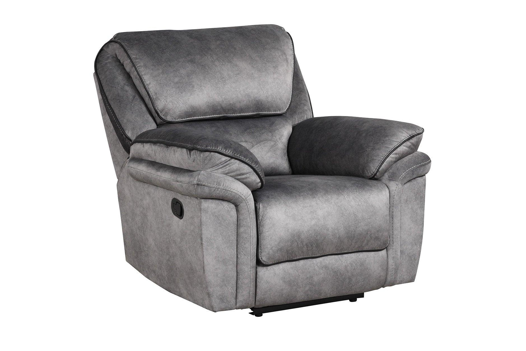 Close-up of Perry Grey fabric upholstery and reclining feature