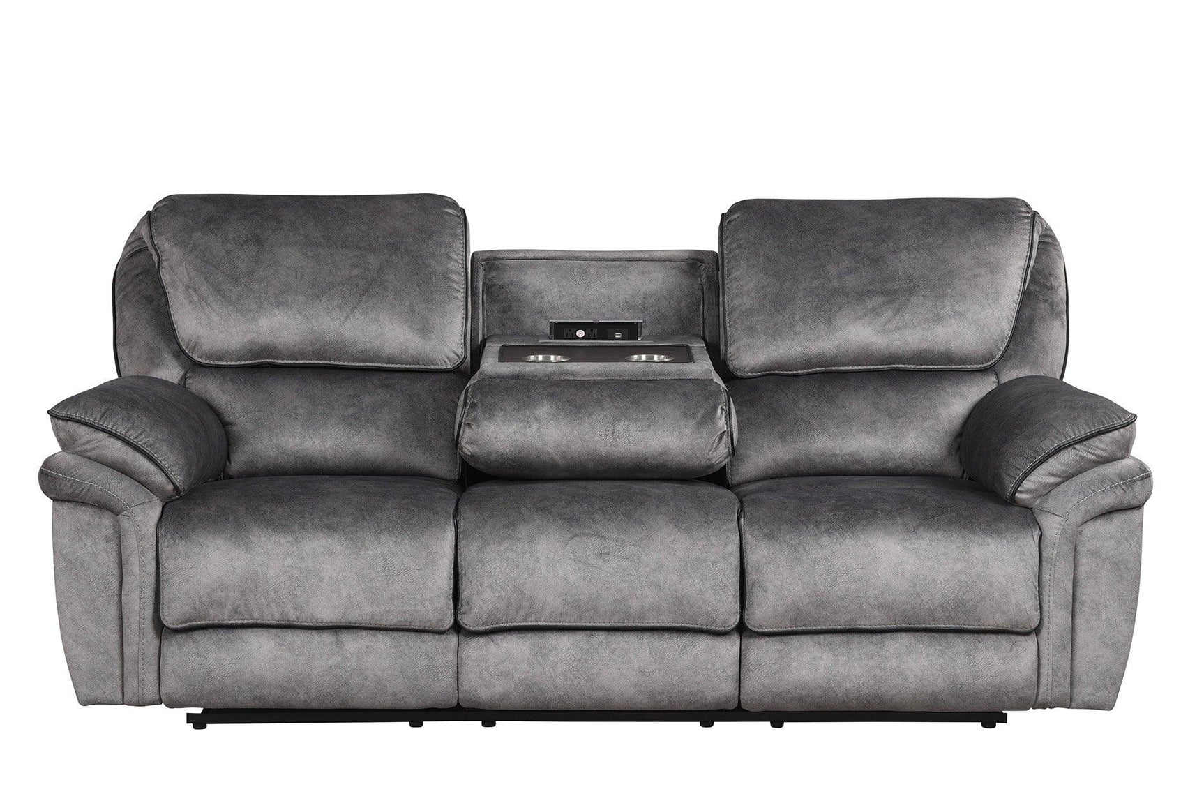 Side view of Perry Grey fabric reclining sofa showing power box controls