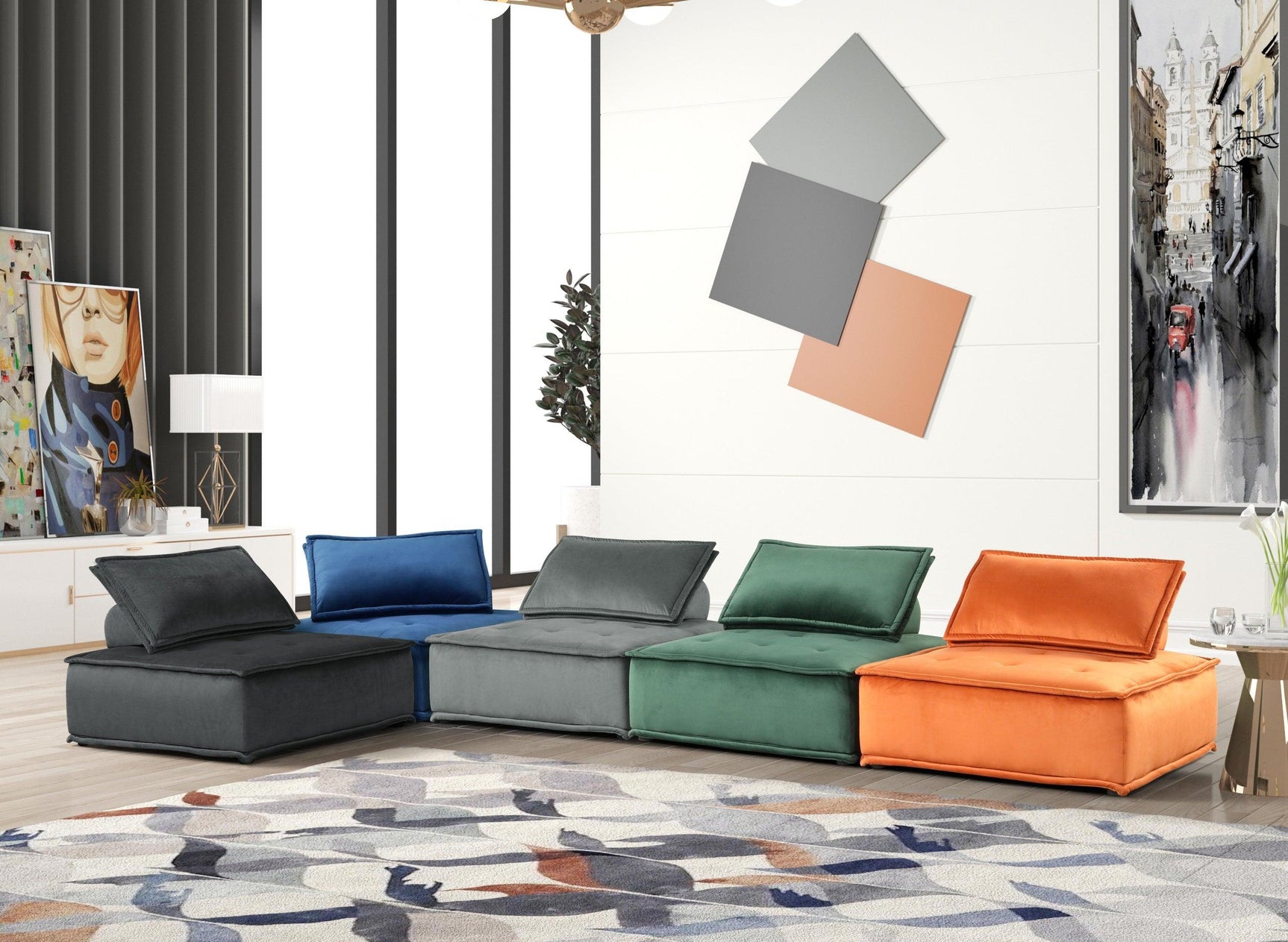 Happy Green armless velvet modular accent chair, side angle
