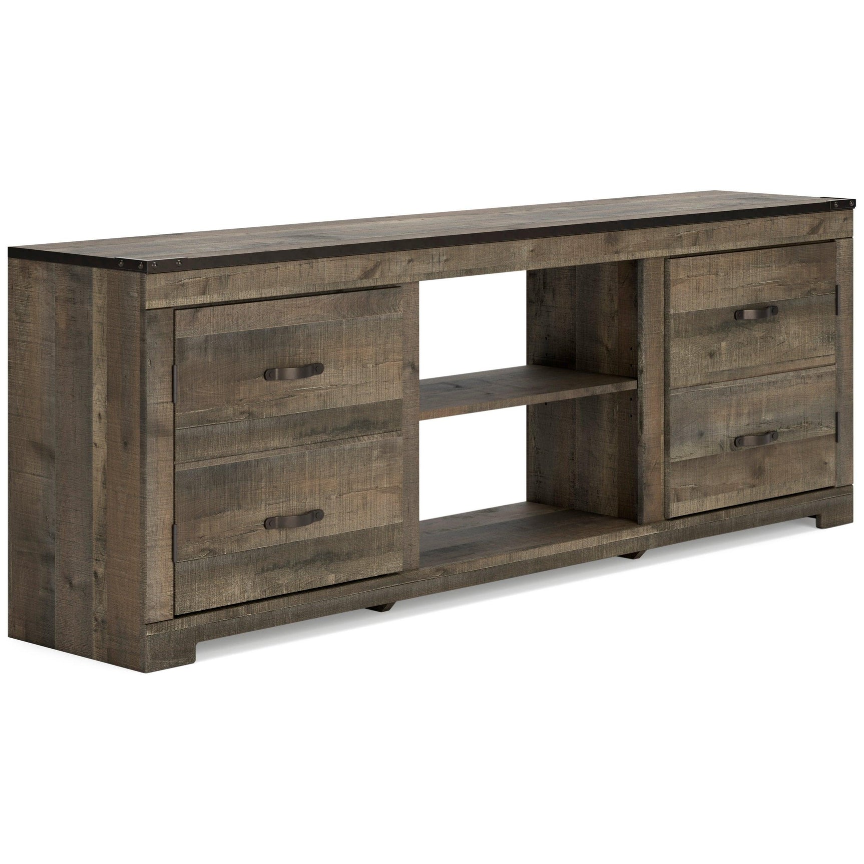 Side angle of Trinell large brown rustic solid wood TV stand showcasing fireplace and cabinet