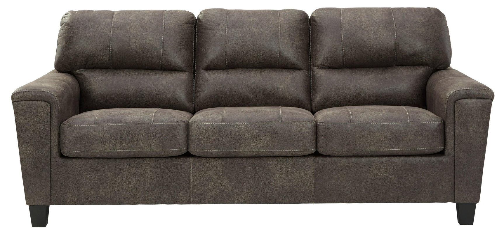 Detail of upholstery and faux wood finish feet on Ashley Smoke set
