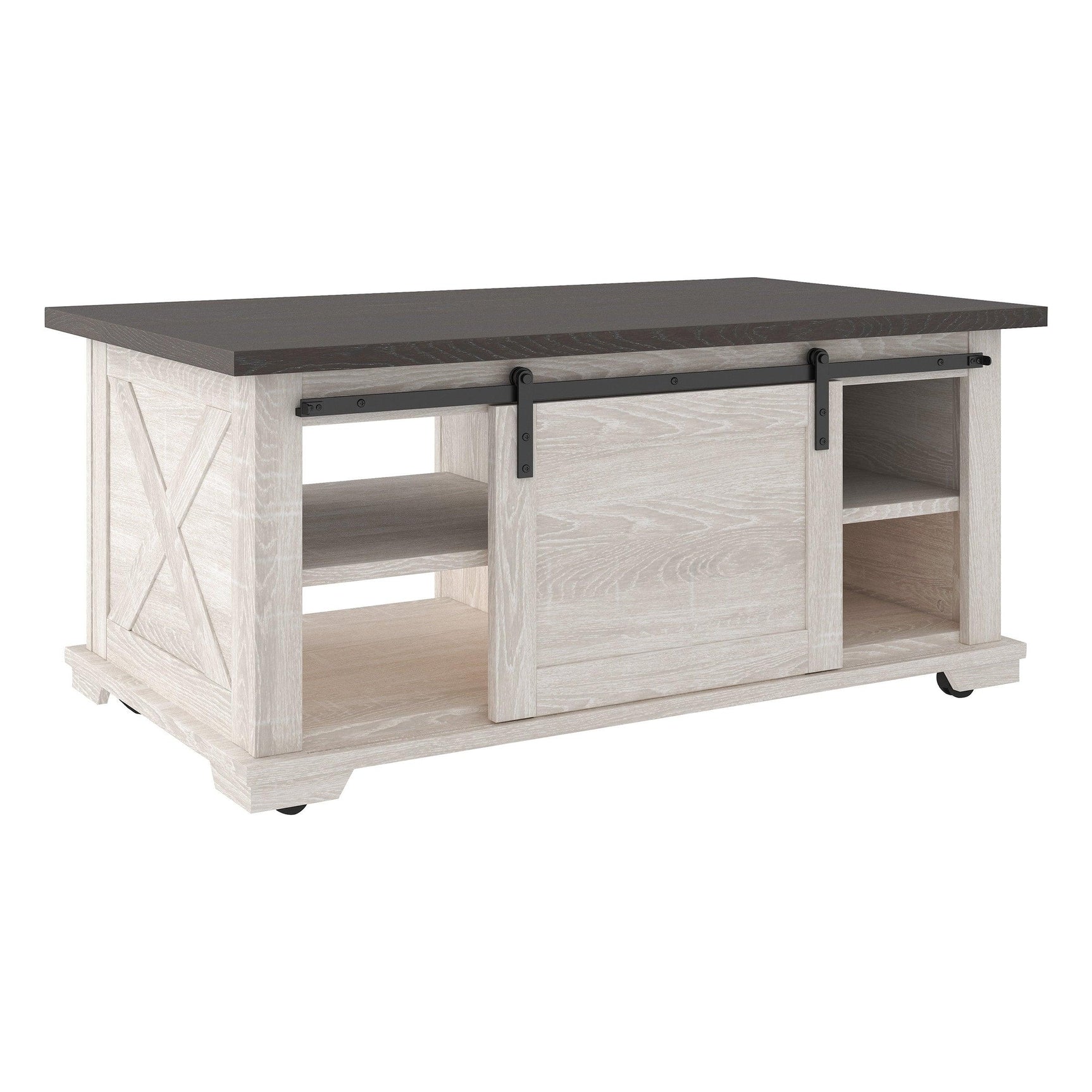Dorrinson two-tone gray and antique white coffee table side angle showing storage