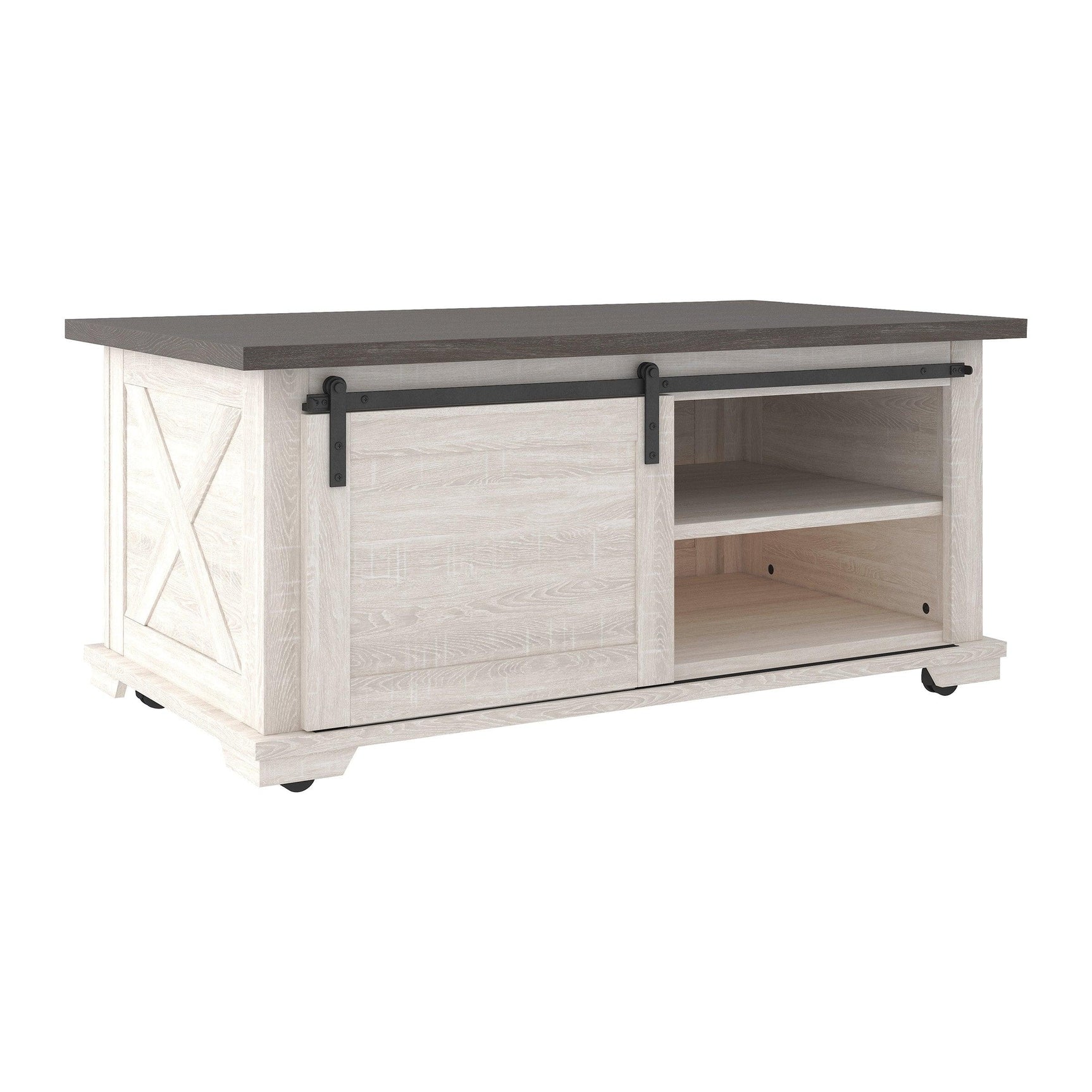 Close-up of Dorrinson coffee table sliding barn door and casters