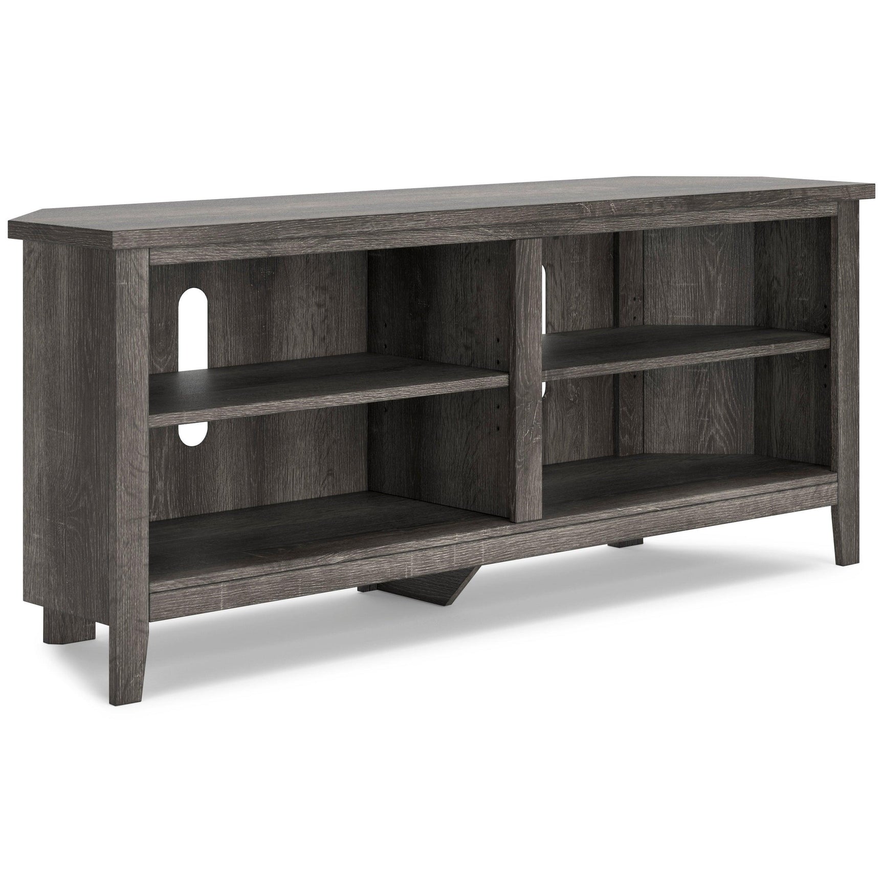 Arlenbry Gray corner TV stand open shelving front