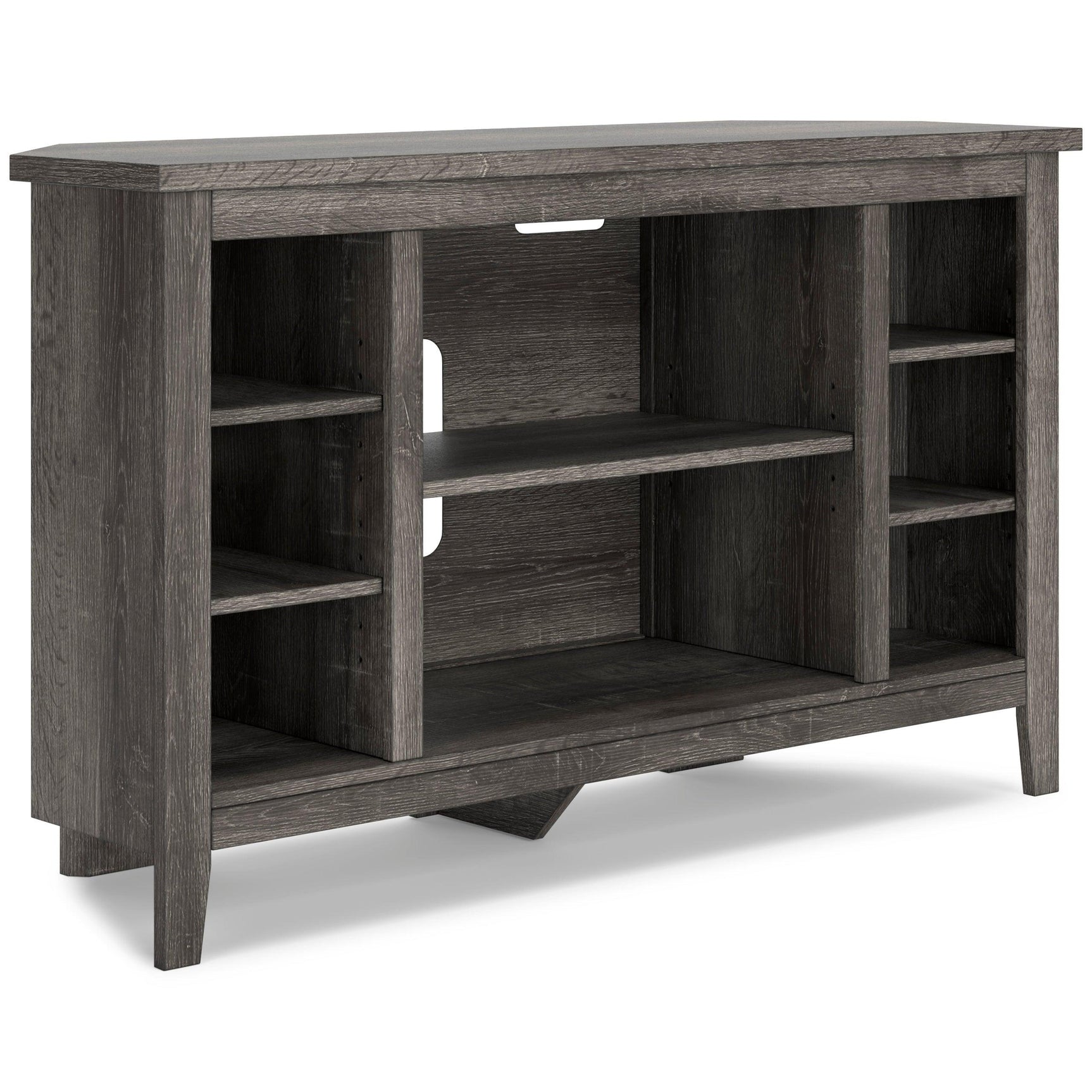 Arlenbry Large Gray Solid Wood Corner TV Stand with Cabinet - side angle view