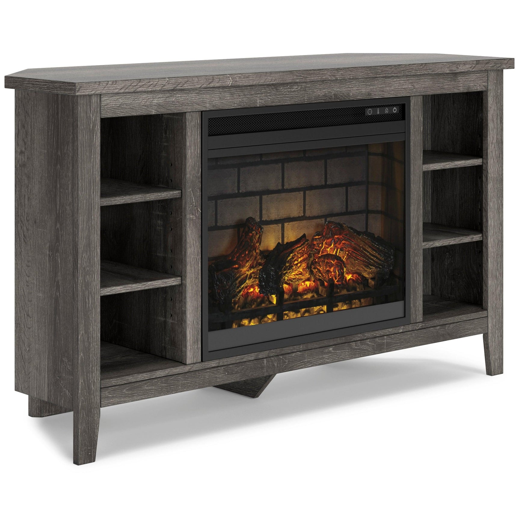 Arlenbry Large Gray Solid Wood Corner TV Stand with Fireplace close-up side view