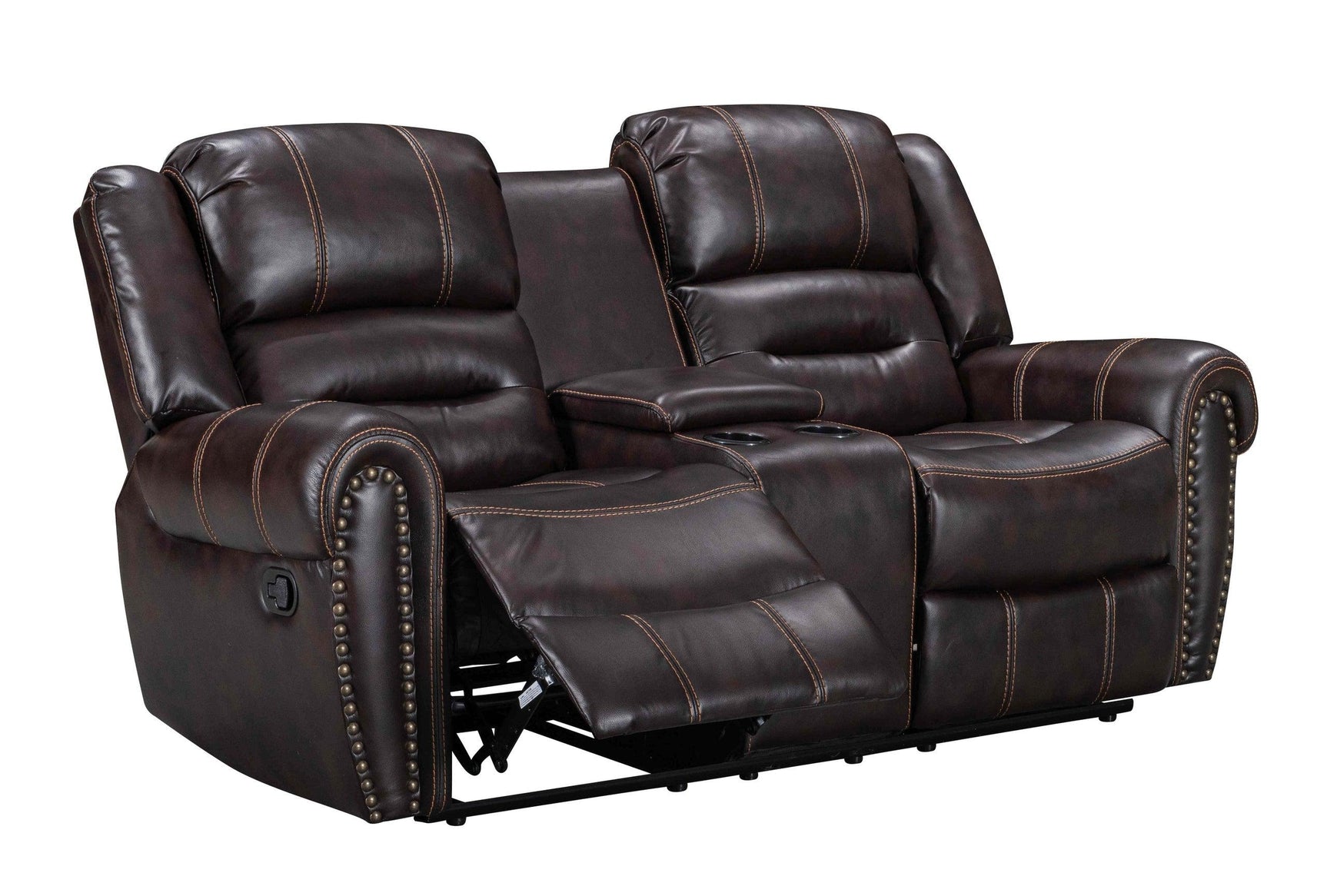 Close-up of Lexington2023 brown faux leather gel recliner arm