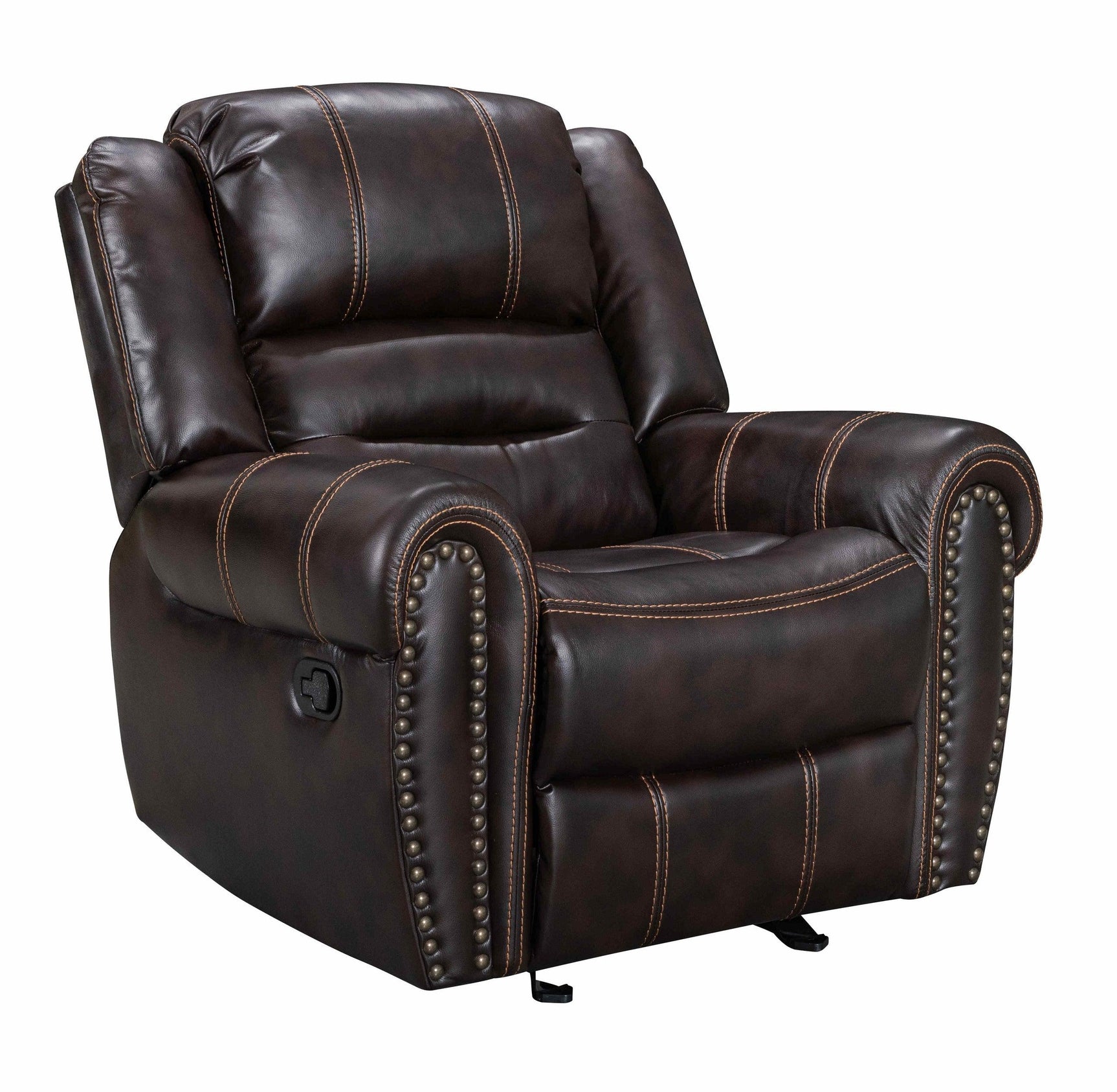 Side view of Lexington2023 brown faux leather gel reclining sofa