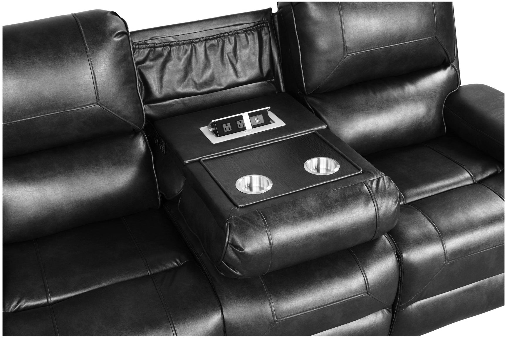 Loveseat with storage console and USB ports in black leather gel