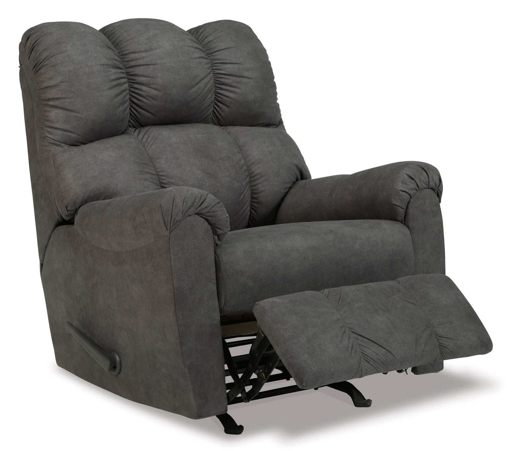 Side view of Slate Fabric Recliner highlighting rocking base and attached cushions