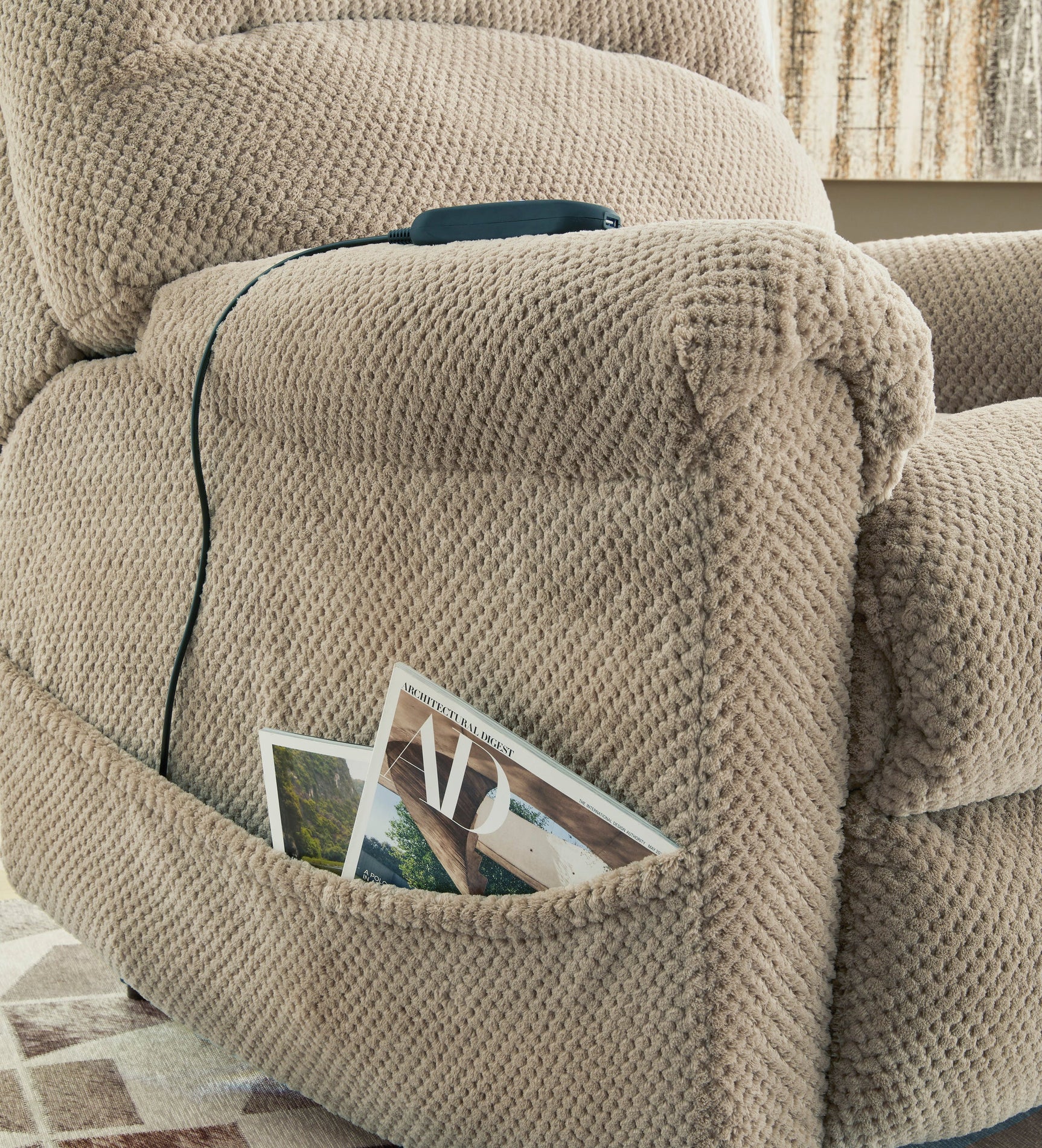 Saffe Toast Power Lift Recliner front angle showing seat cushions