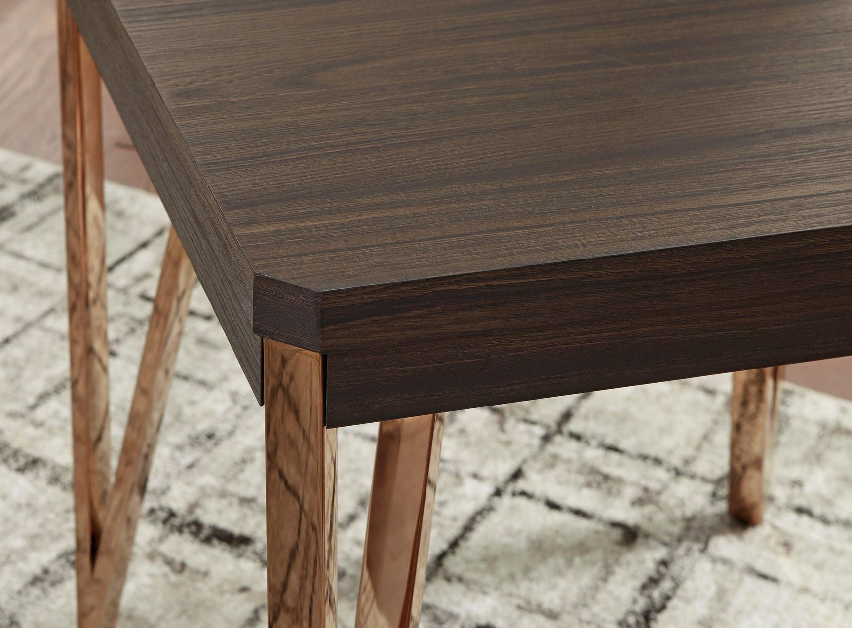 Brown and champagne occasional table set with metal and wood detail