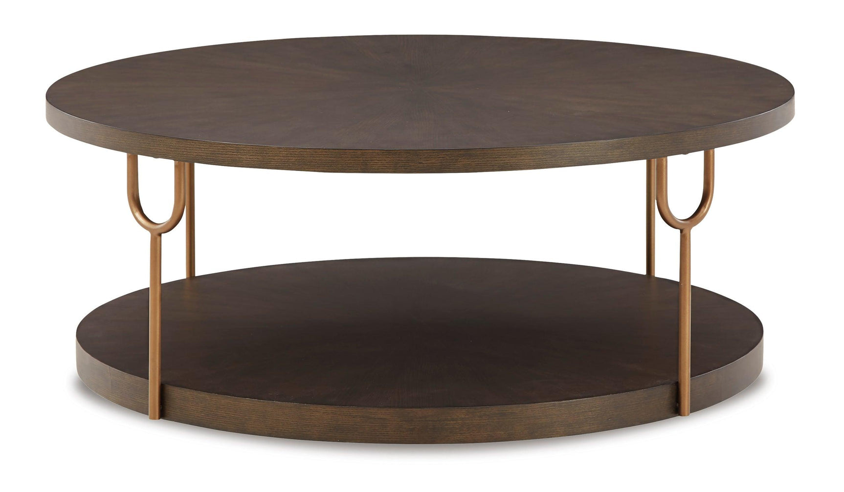 Hugh round cocktail table showing fixed lower shelf in dark brown ash veneer