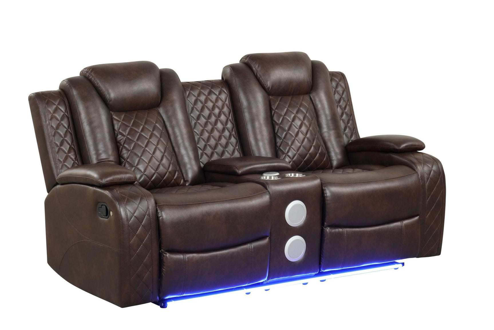 Luz Brown Reclining Set showing illuminated footrests and arm storage