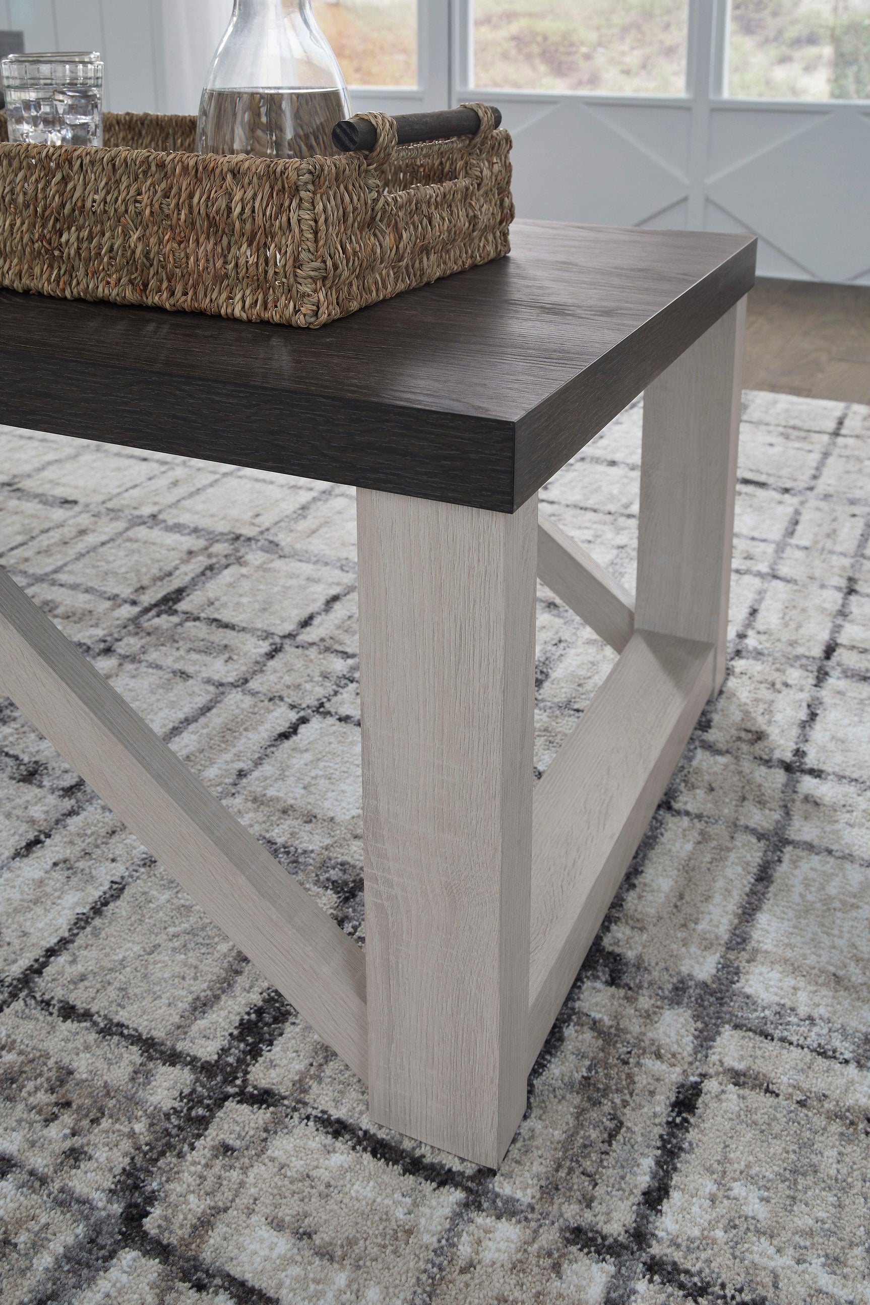 Top view of occasional tables showing gray wood replicated tops