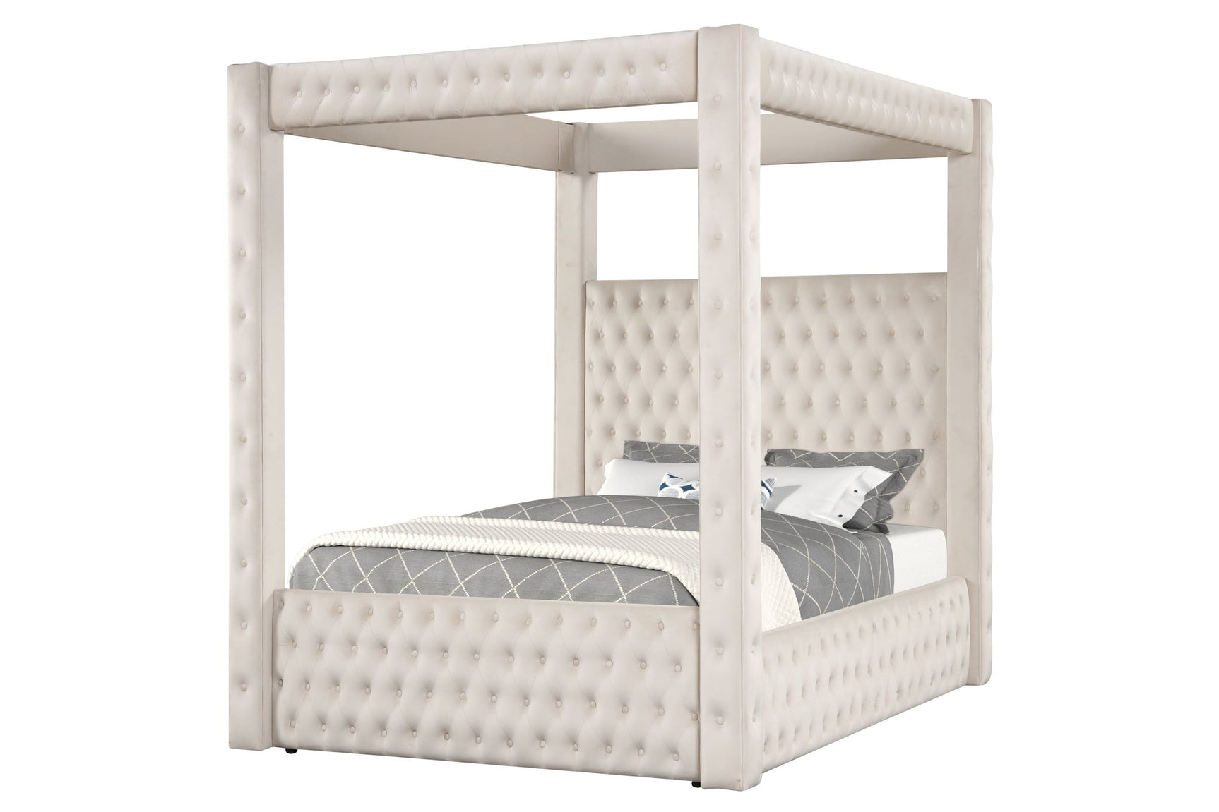 Castle Cream Velvet Upholstered Tufted Platform King Bed angled view