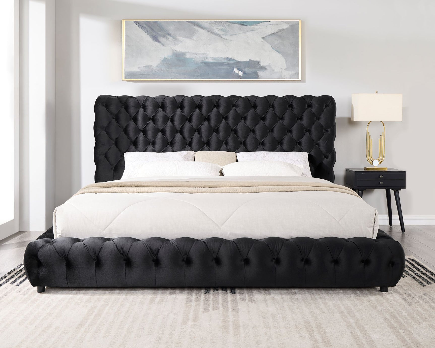 Dream Black Velvet Platform Bed - side angle