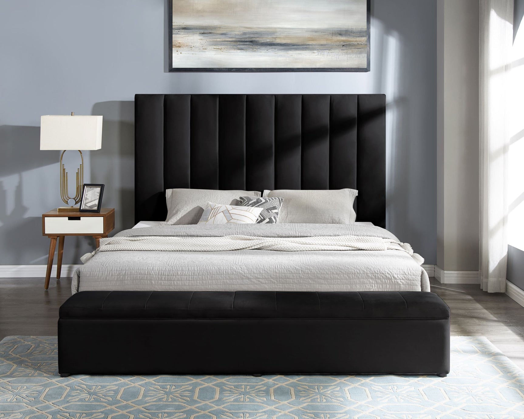 Valencia Black Velvet Upholstered Platform Queen Bed