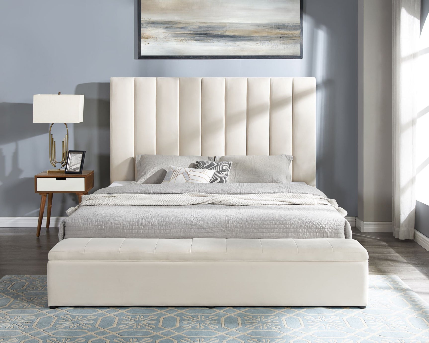 Valencia Beige Velvet Upholstered Platform King Bed