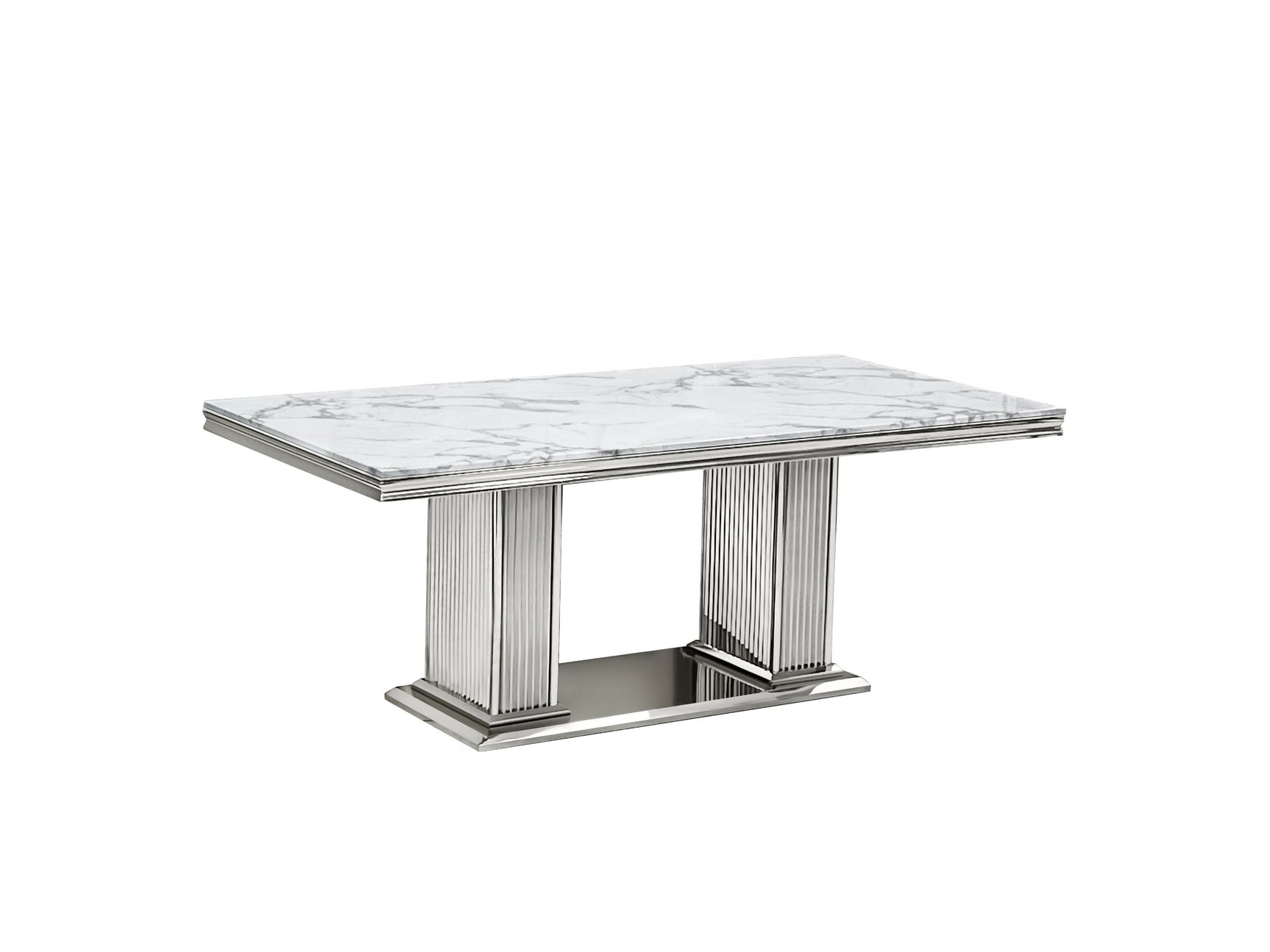 Dining table with 6 white chairs set up