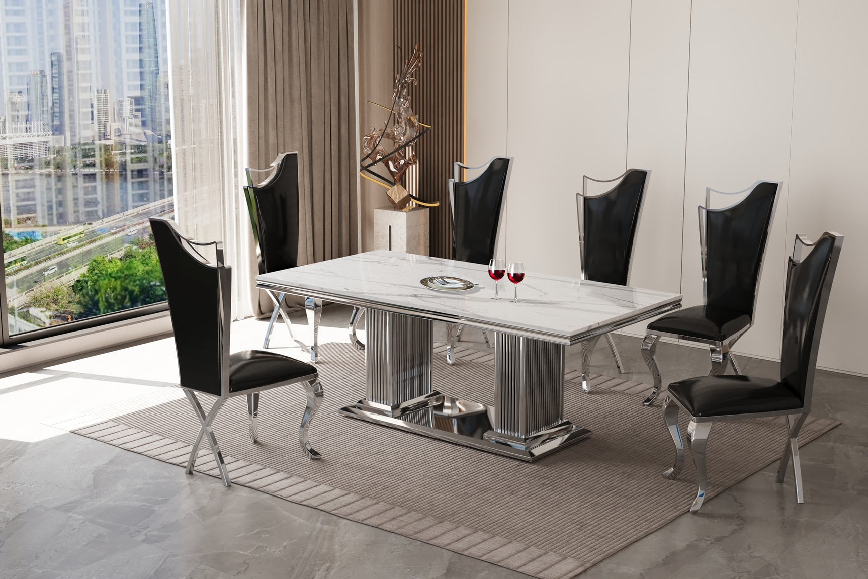 Front view of Deka Chrome Black Dining Room Set with marble top