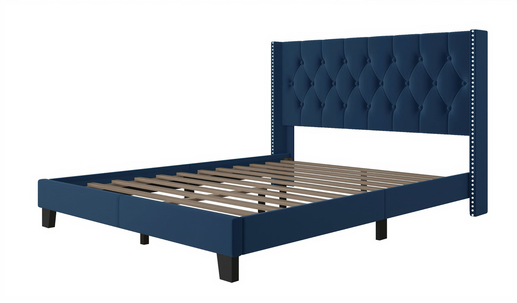 Erni blue velvet tufted upholstered platform full bed side angle