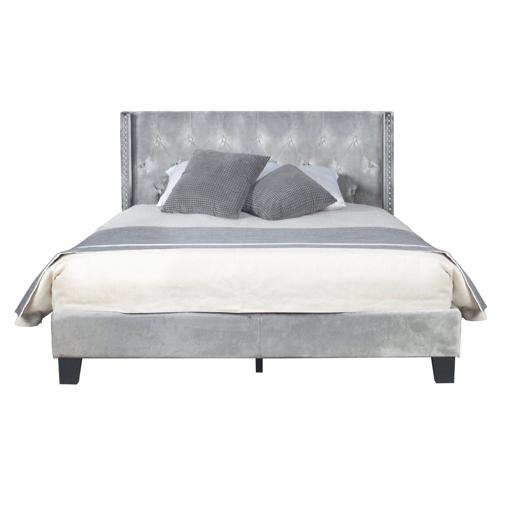 Silver velvet bed corner detailed view with plush upholstery