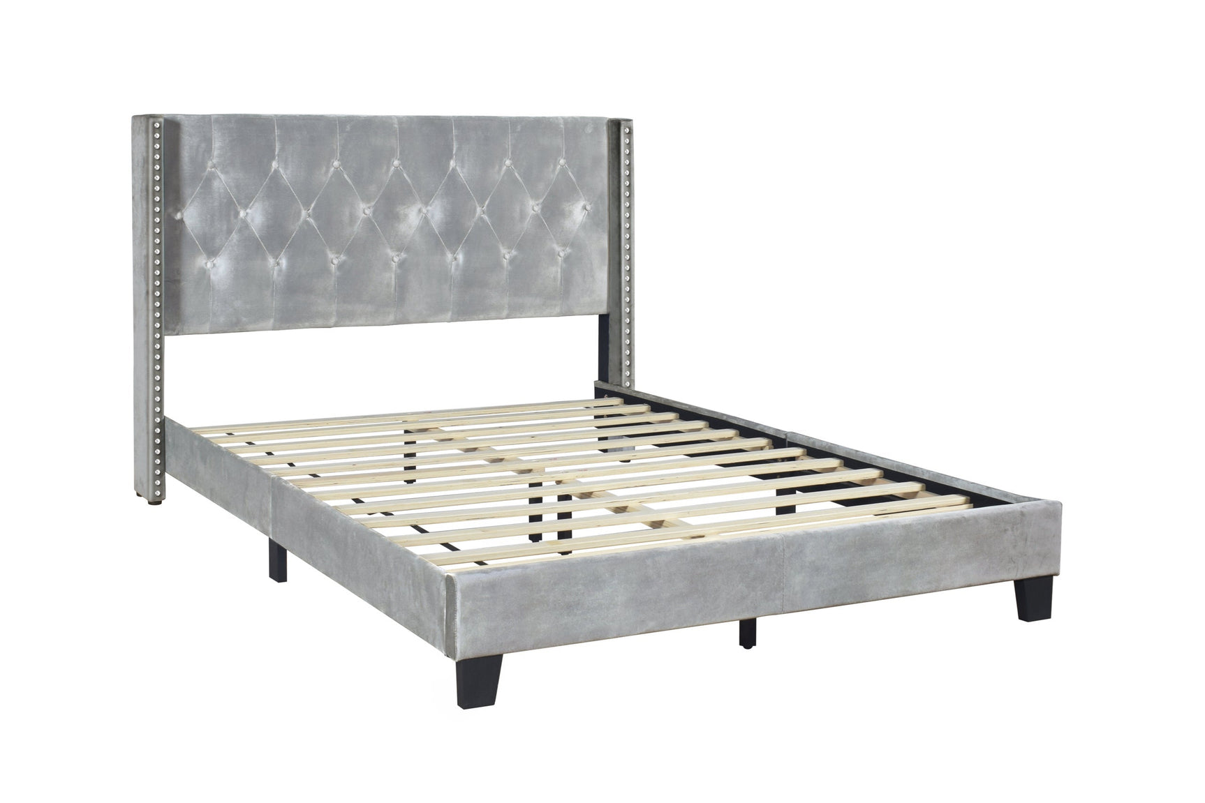 Silver Velvet Upholstered Tufted Platform Twin Bed angled view