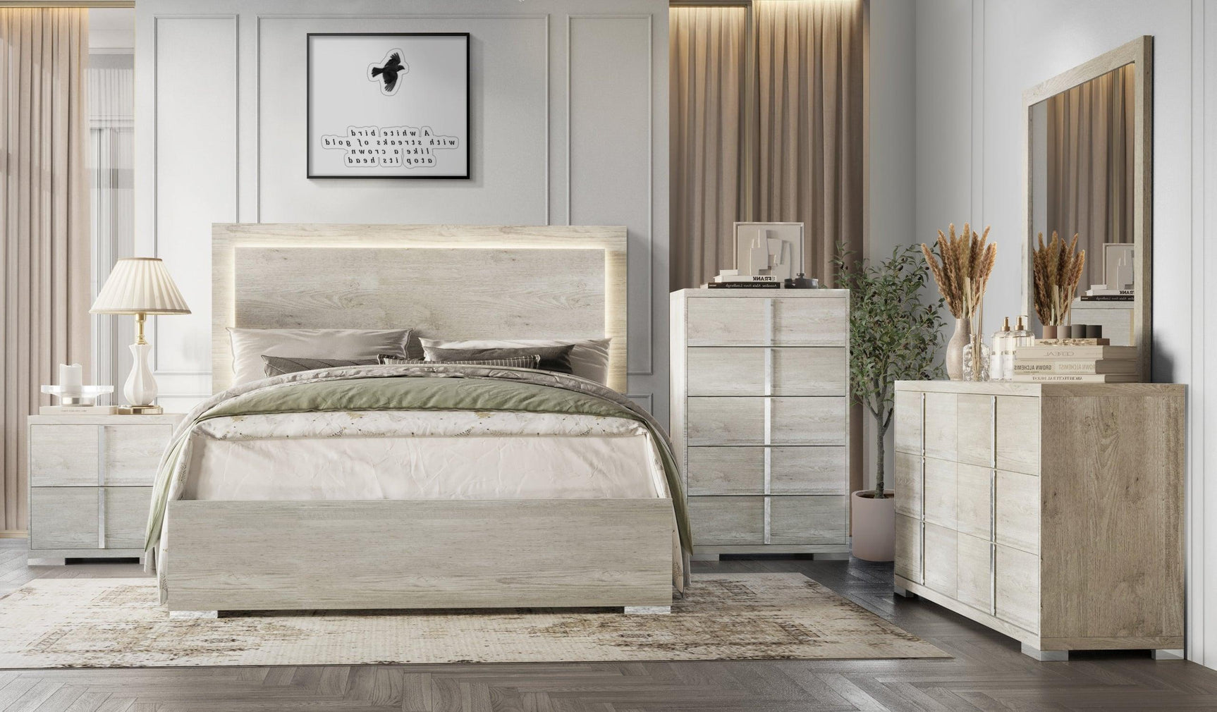 main view of Yobu Beige LED Panel Bedroom Set bed