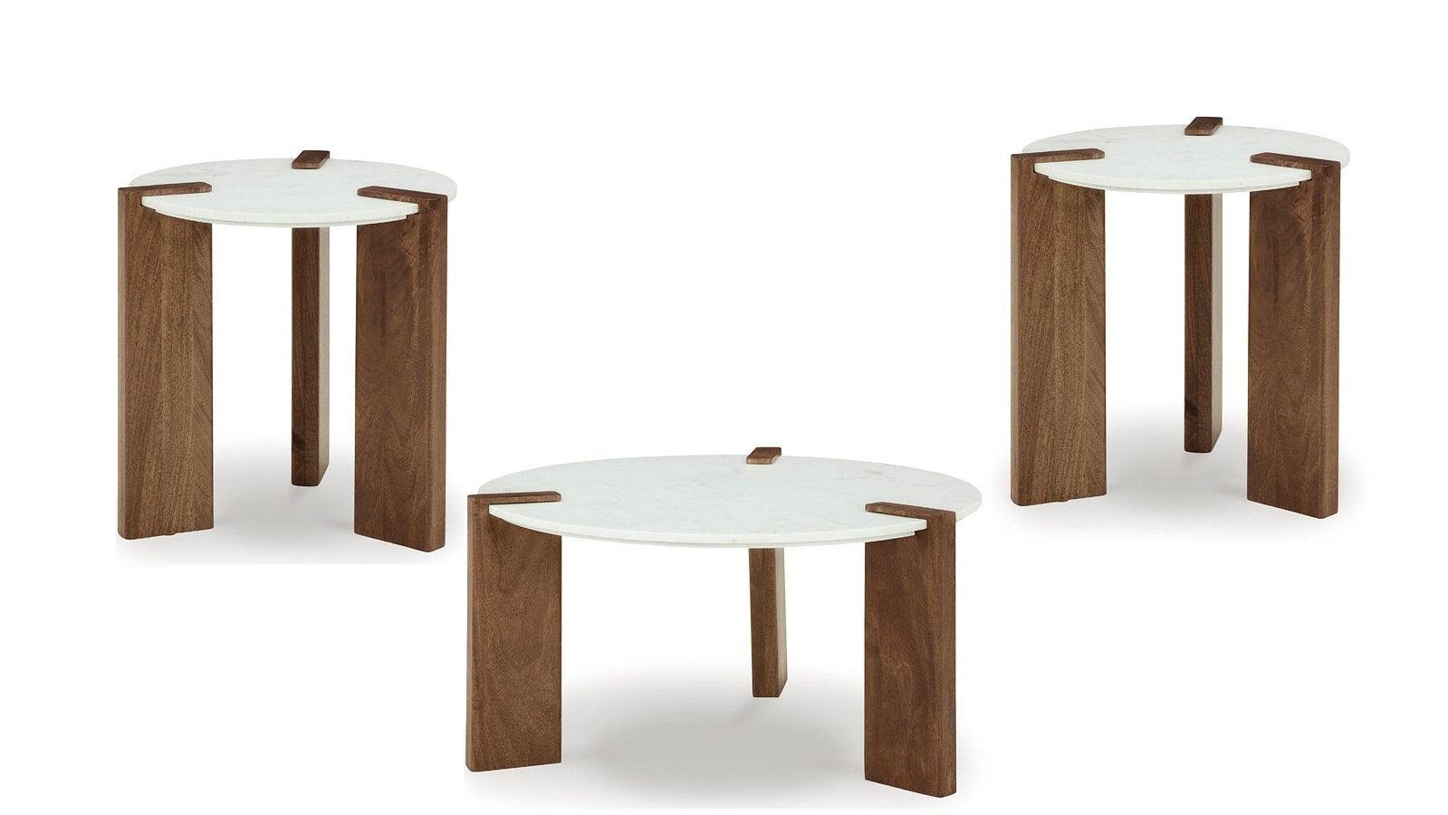Isanti coffee and end table set with marble tops and solid wood veneered bases