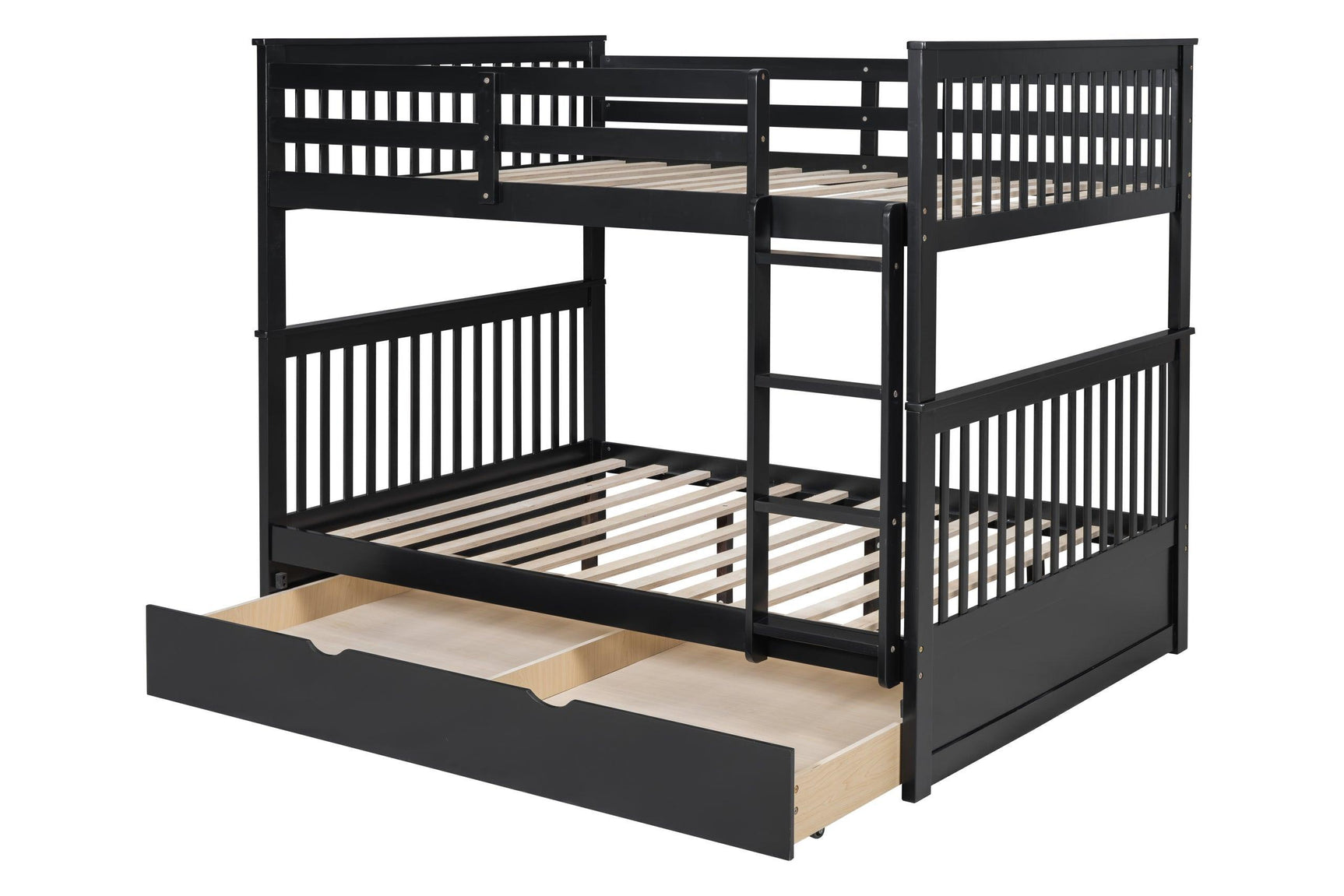 Close-up of solid wood frame on black twin over twin bunk bed