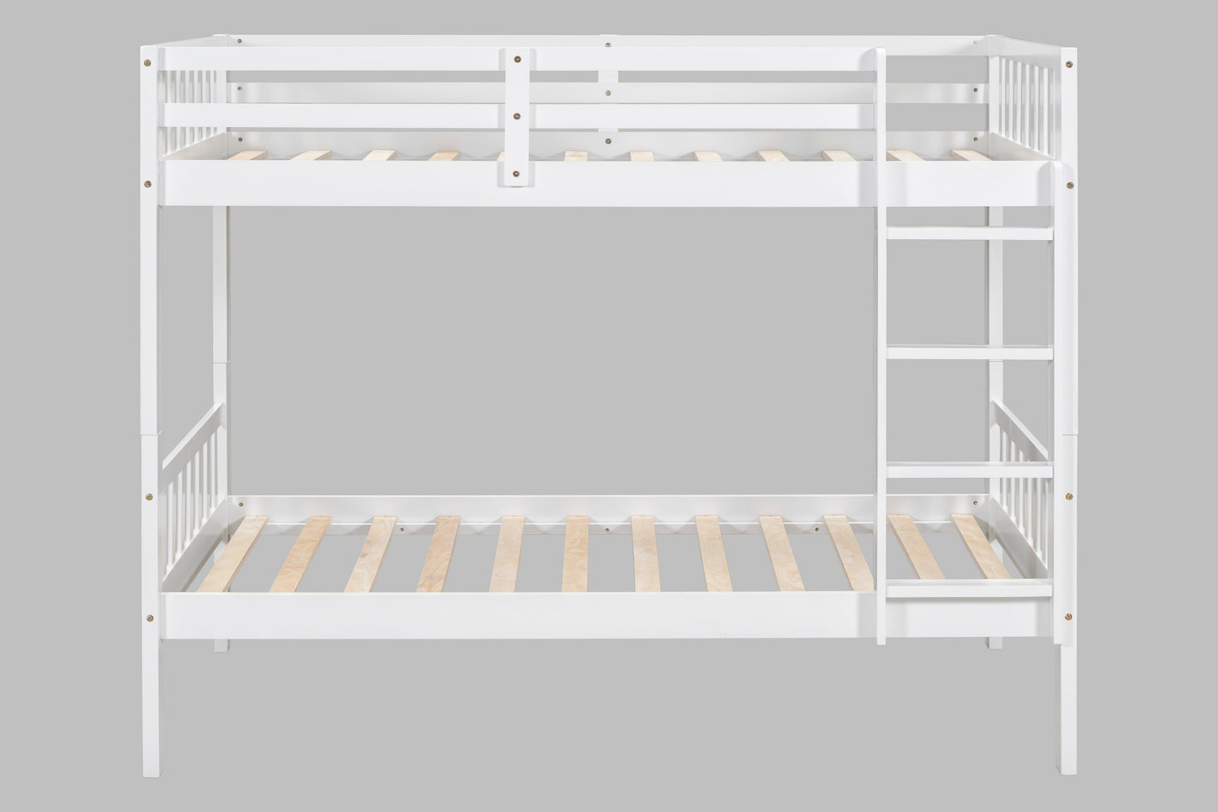 White solid wood twin over twin bunk beds top bunk view