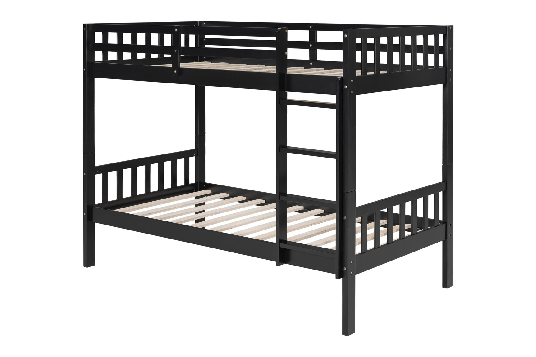 Black twin over twin bunk bed side angle