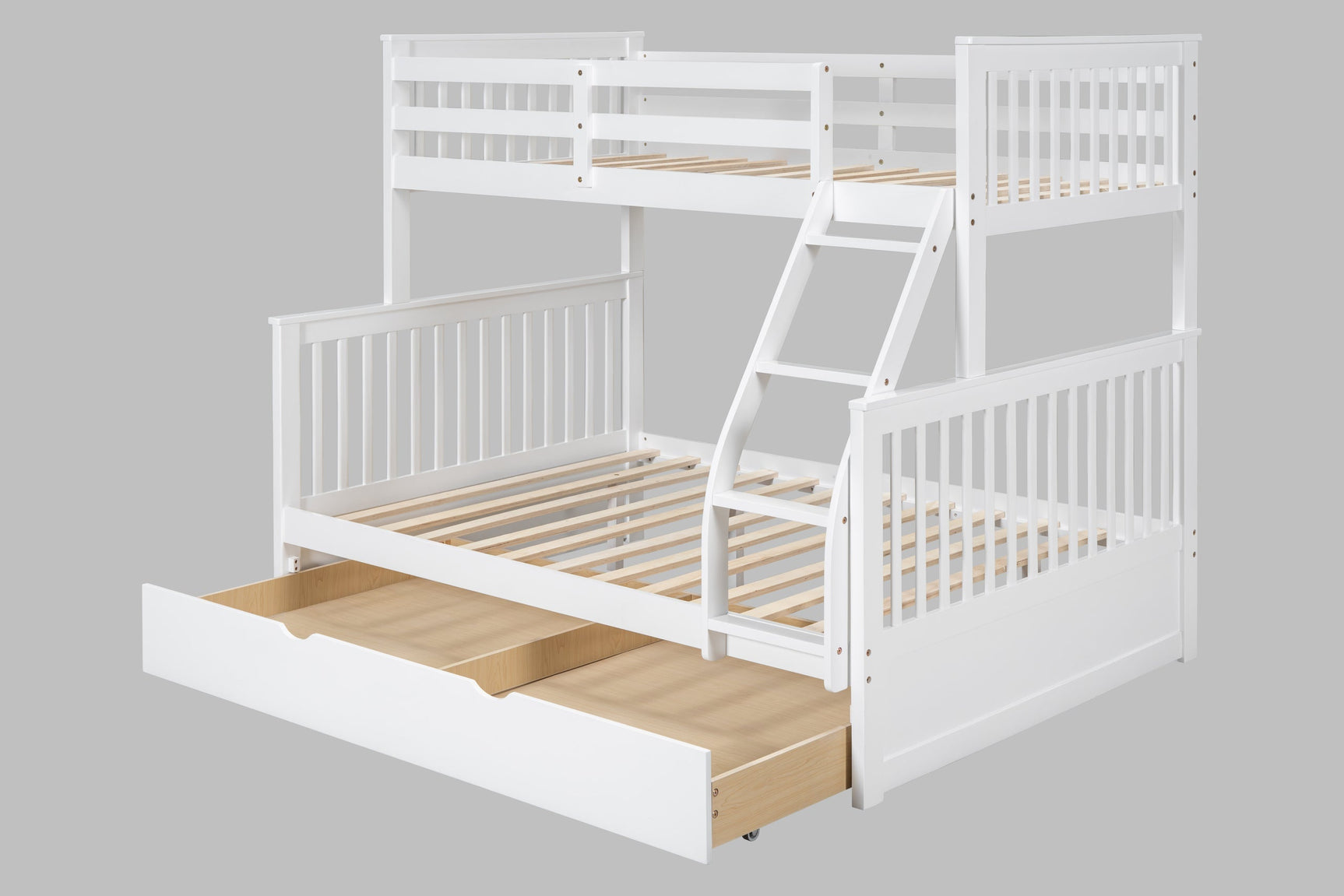 Side view of white solid wood twin over full bunk bed with trundle