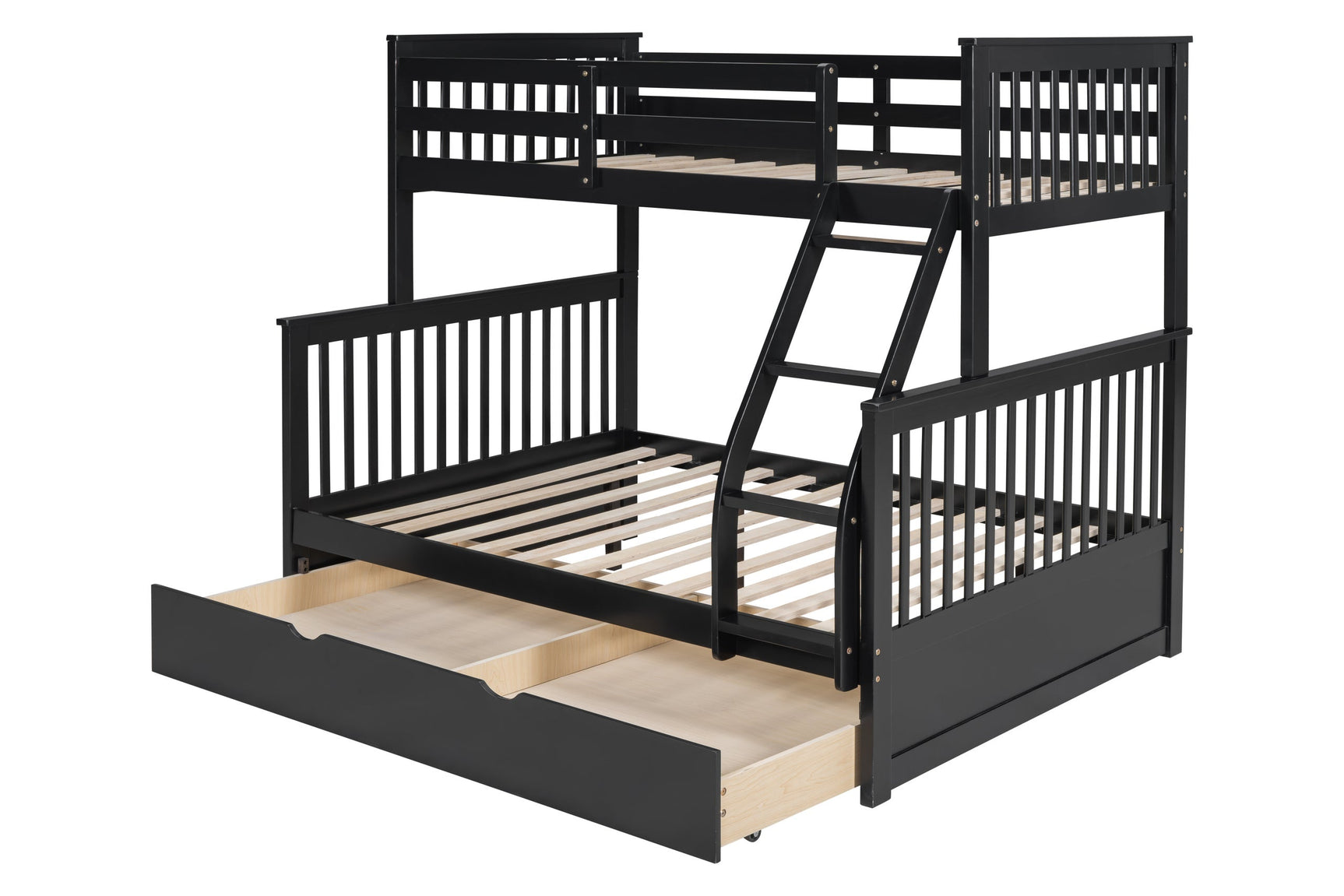 Close-up of black solid wood bunk bed frame