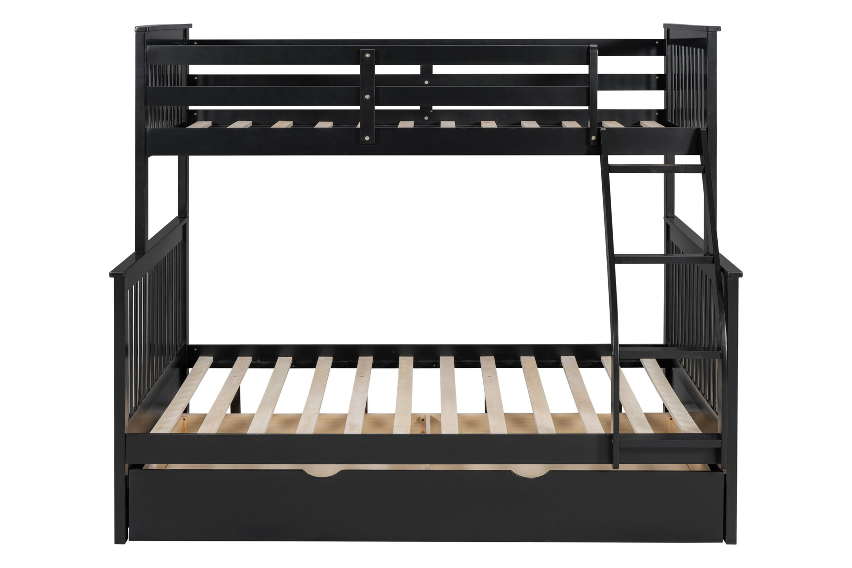 Black solid wood bunk bed showing trundle section