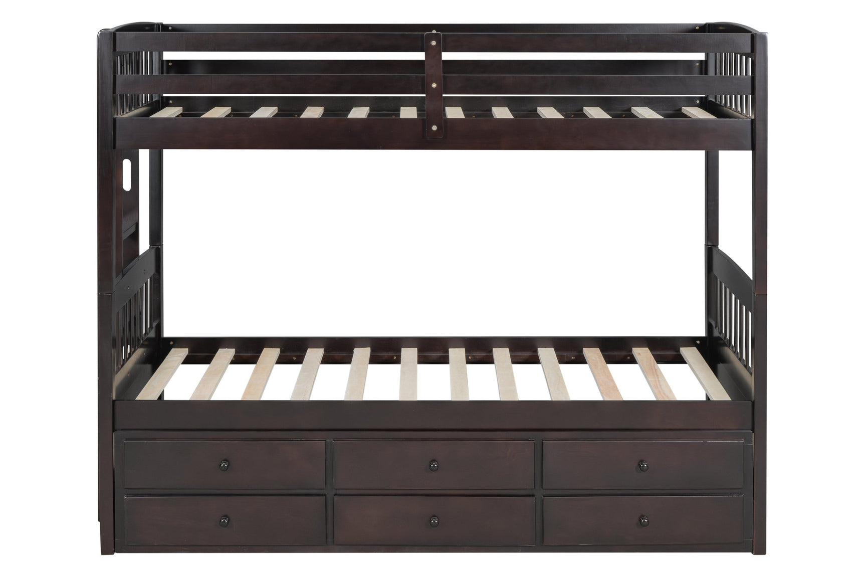 Side angle showing bunk bed solid wood frame and espresso finish