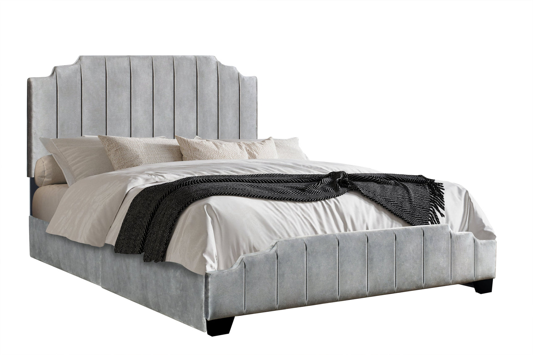 Queen bed angled view showing velvet texture