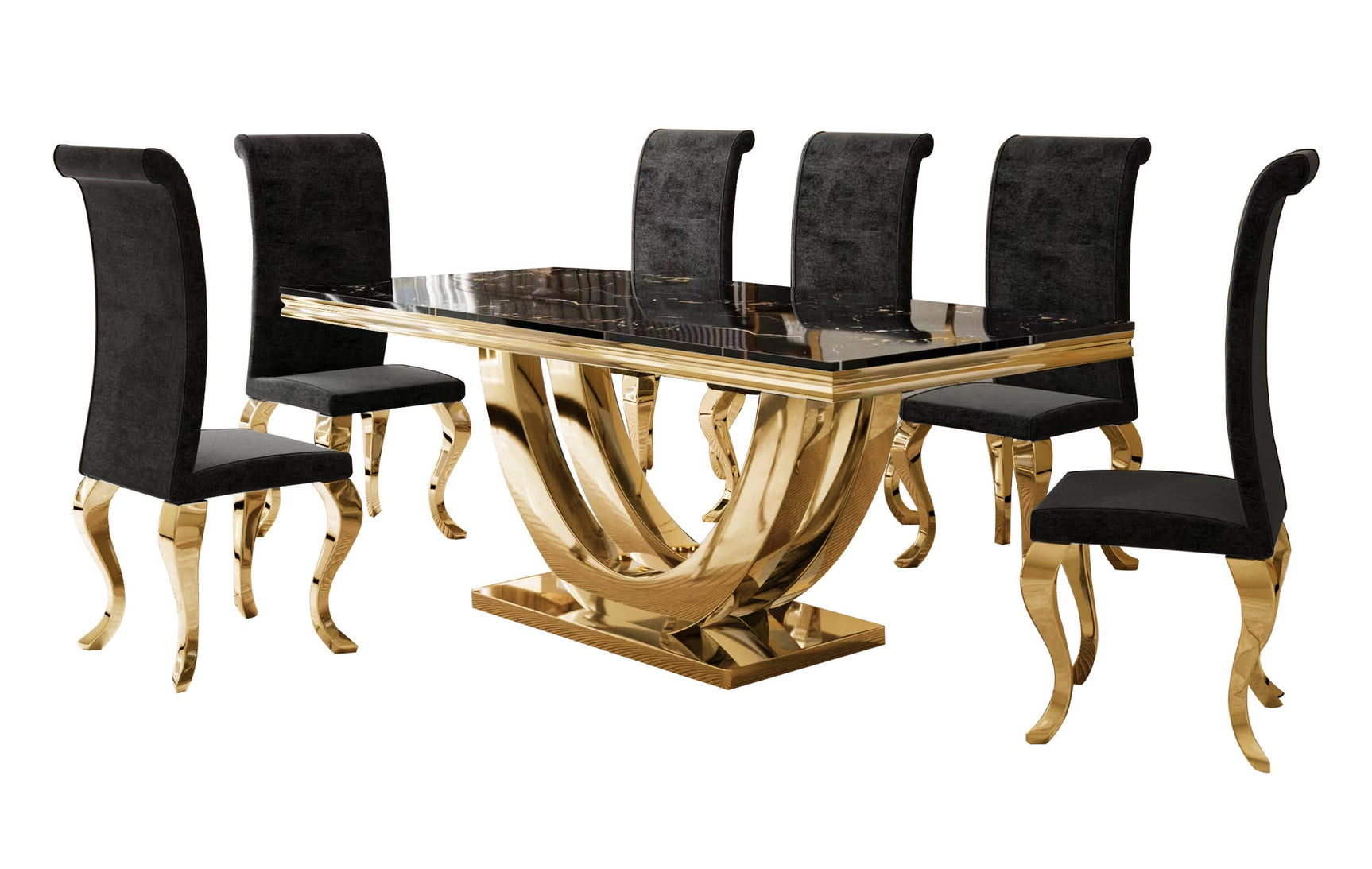 Room view of Era Black Dining Table with 6 Black Velvet Chairs