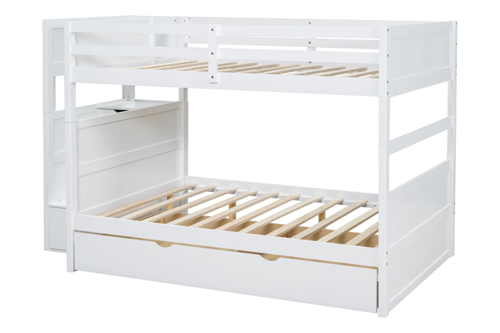 White solid wood bunk beds setup with twin trundle bed underneath