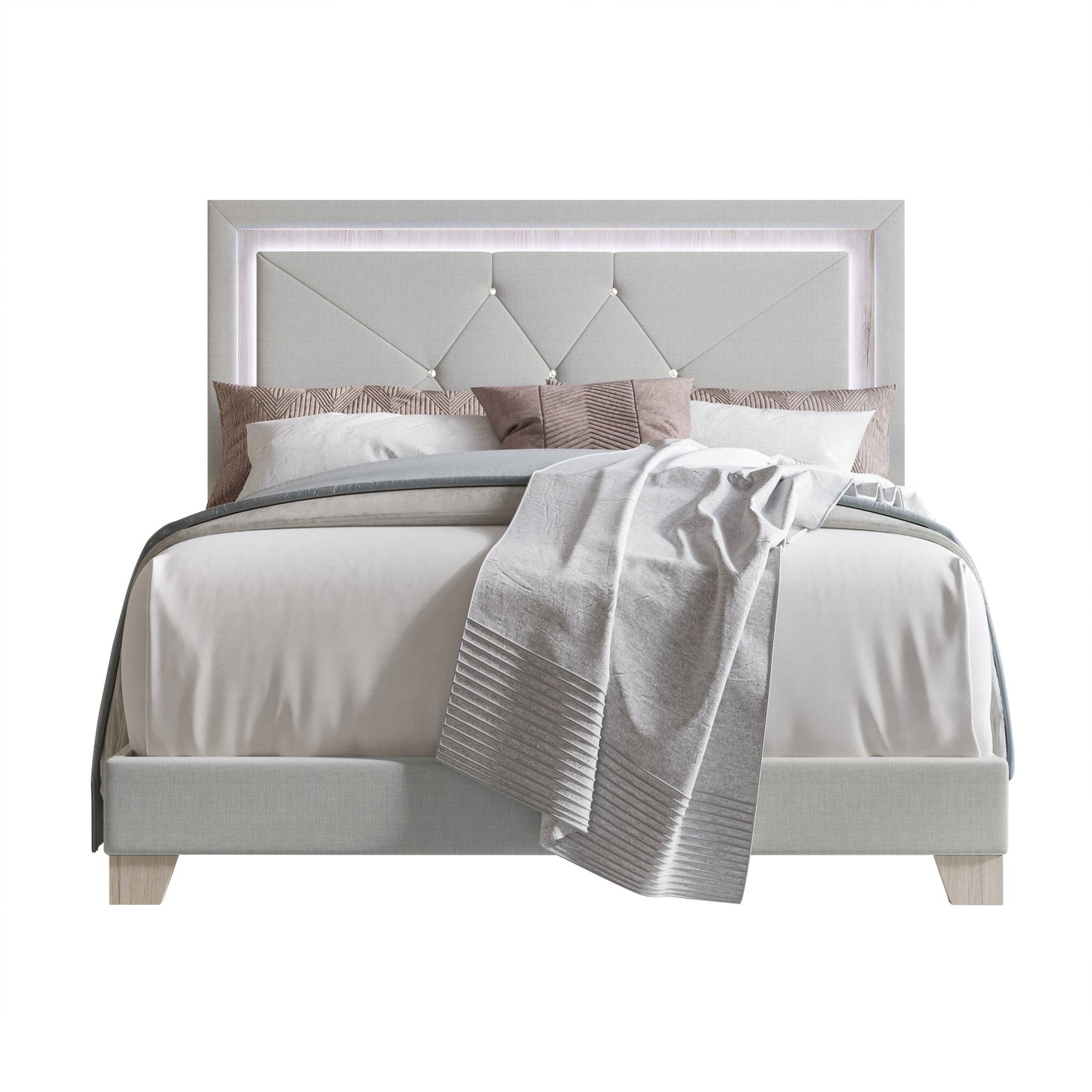 LED lighting detail on silver velvet tufted platform bed