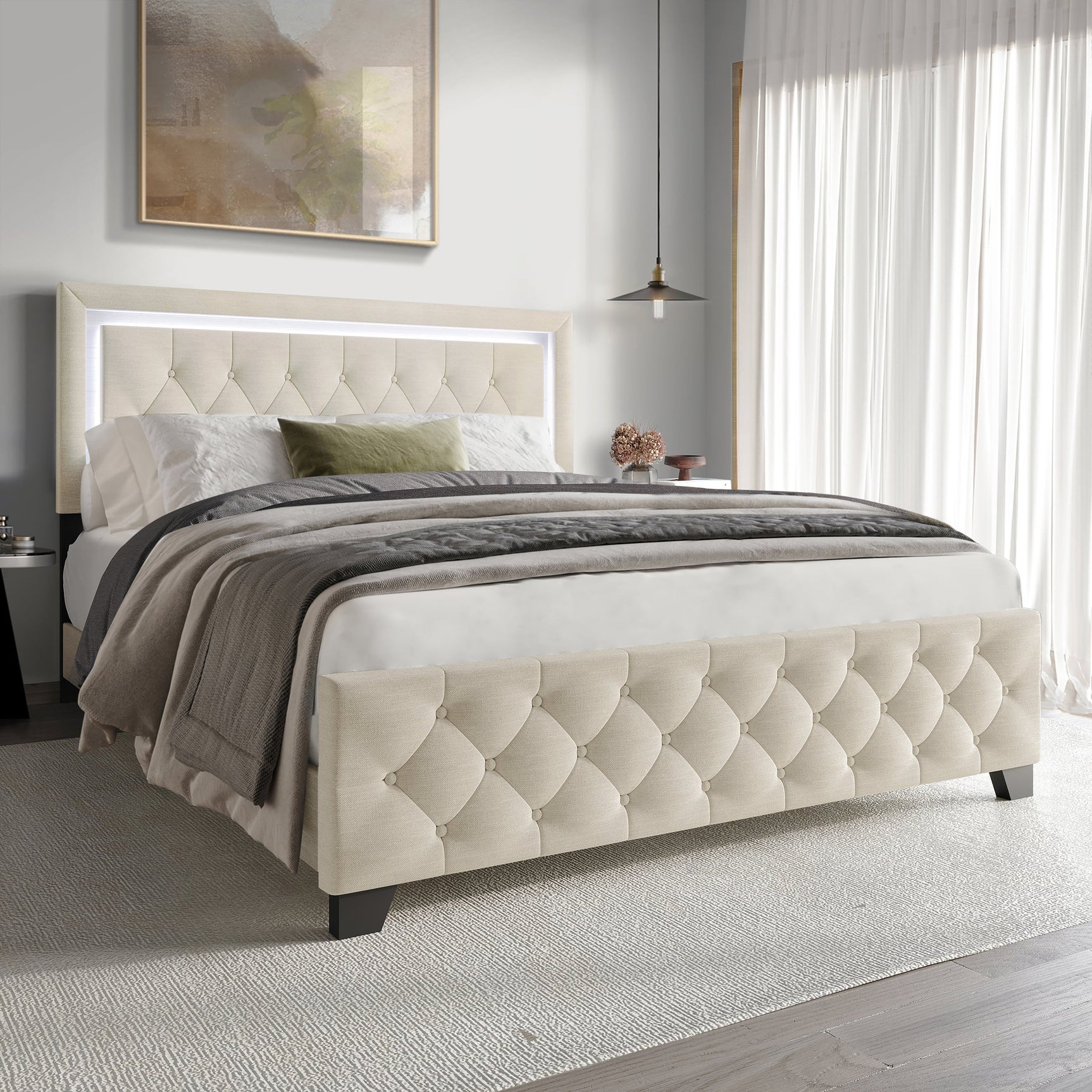 Oluma Full platform bed upholstered in beige fabric, side view