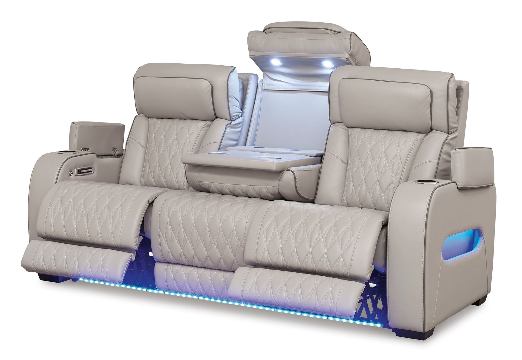 Close-up of drop-down table with LED reading lights and cup holders