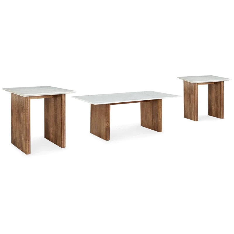 Isanti Occasional Table Set with light brown wood and white accents, front view