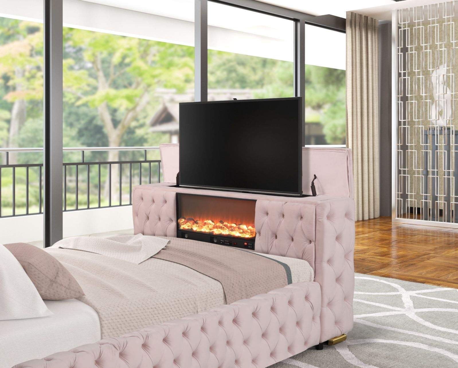 Full view of Future Pink Velvet Platform Bed with queen mattress