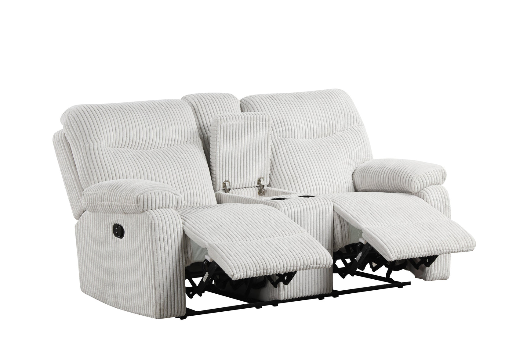 Close-up of Bravo Beige sofa fabric and cupholder console