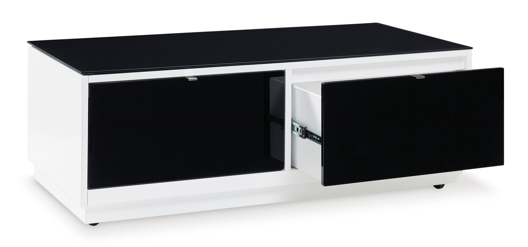 Gardoni Cocktail Table side view showing drawers and open shelf